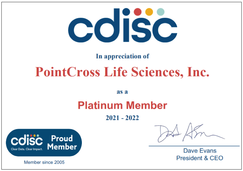 CDISC Certificate- PointCross Life Sciences Platinum Member